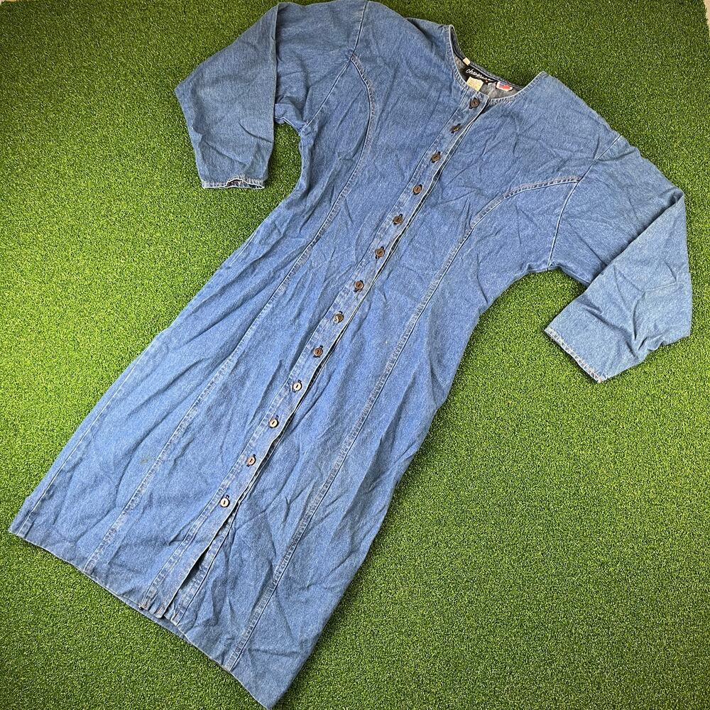Vtg 90s Champagne West Denim Maxi Dress Prairie Cottage Core Button Down